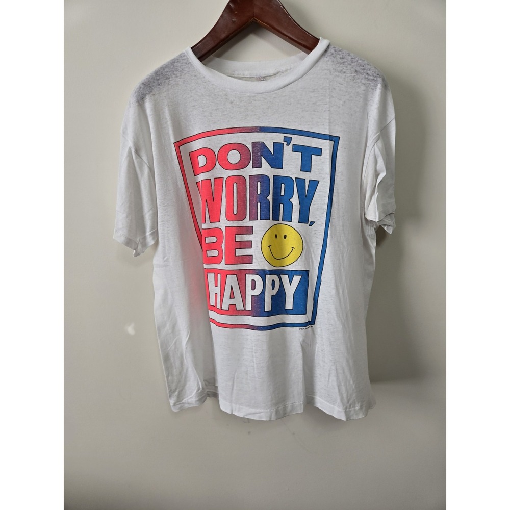 Vintage Don't Worry Be Happy Shirt Size Large 90s 80s Funny Sayings Shirt Bob Ma